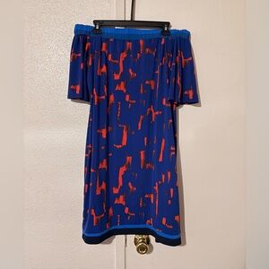 Vintage EUC Trina Turk Vibrant Blue and Red Off The Shoulders Flowy Mini Dress